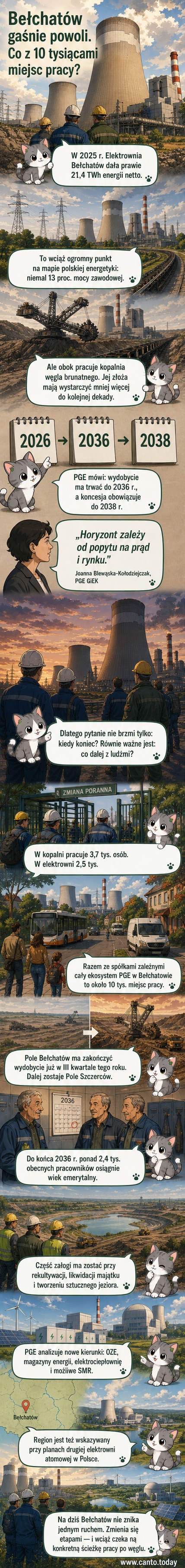 Widok z lotu ptaka na elektrownię Bełchatów i otaczające ją odkrywki węgla brunatnego, z napisem 'Bełchatów – transformacja energetyczna'