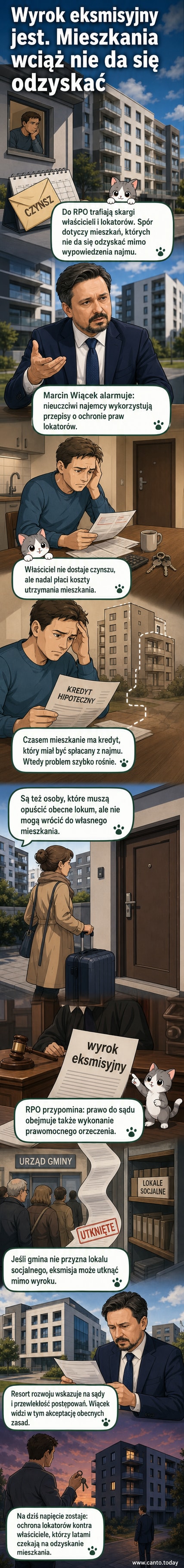 Ilustracja przedstawiająca właściciela mieszkania stojącego przed drzwiami, które otwiera niechętny najemca, z tłem sądu i pustego mieszkania