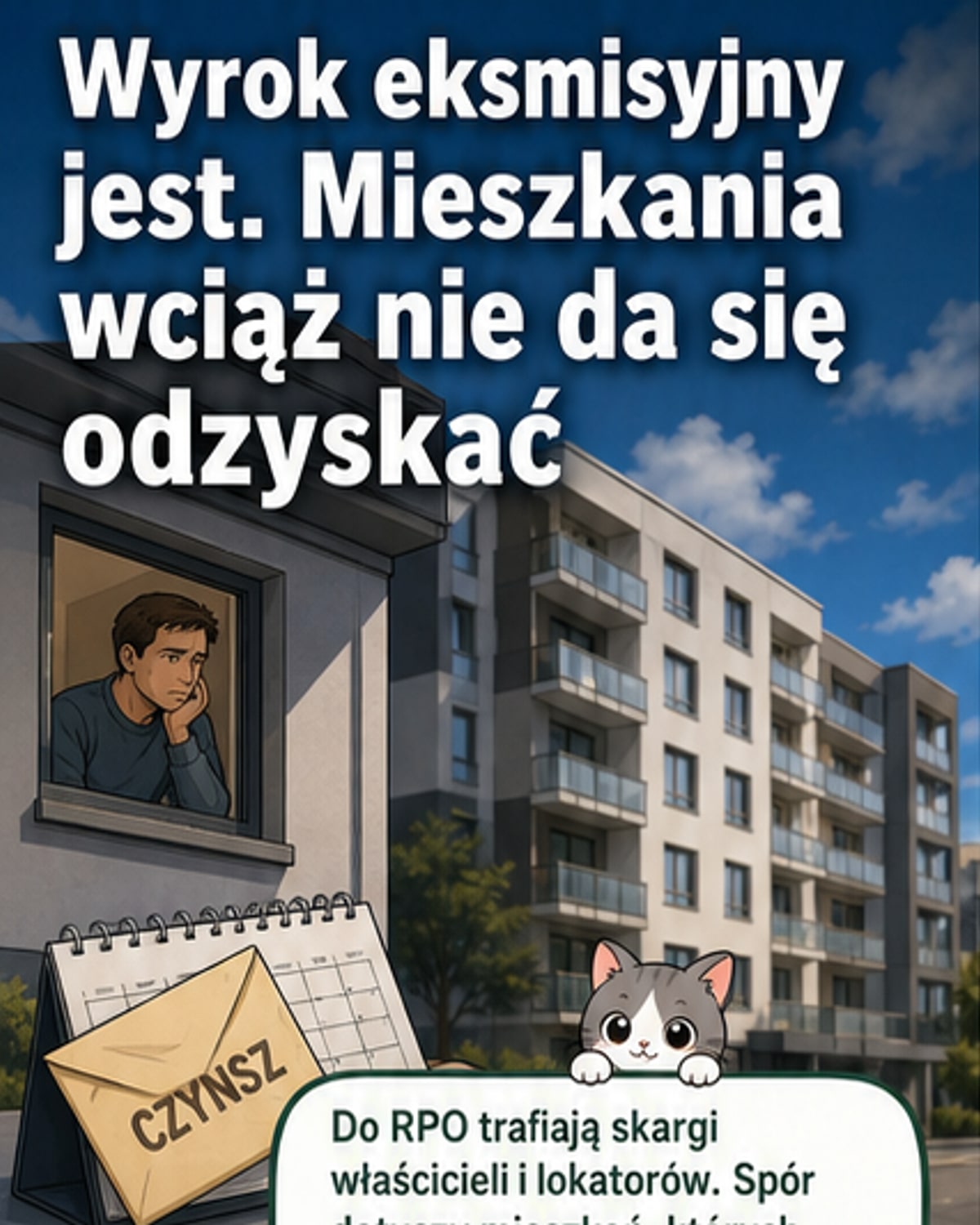 Ilustracja przedstawiająca właściciela mieszkania stojącego przed drzwiami, które otwiera niechętny najemca, z tłem sądu i pustego mieszkania