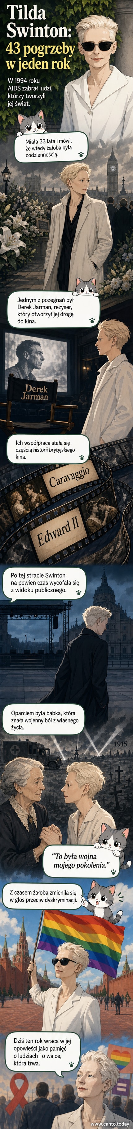Tilda Swinton w czerni, w tle cienie pogrzebowych drzew – ilustracja do historii o utracie 43 bliskich i żałobie pokoleniowej.