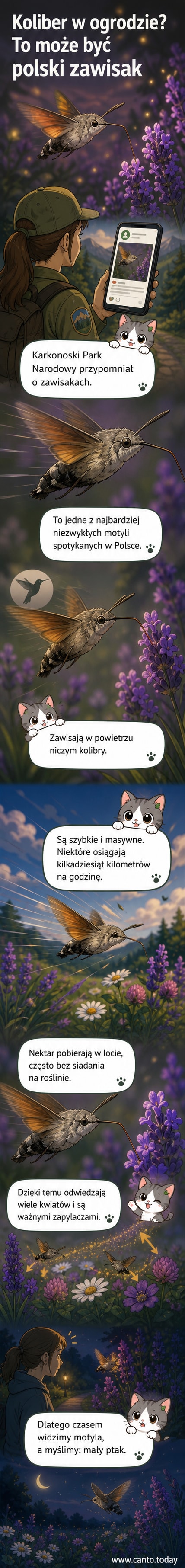 Ilustracja zawisaka zawieszonego w powietrzu przed kwiatem, pobierającego nektar długą ssawką, na tle wieczornego krajobrazu.