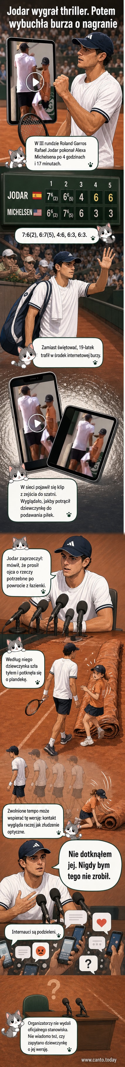Młody tenisista Rafael Jodar opuszcza kort w Paryżu, podczas gdy dziewczynka z ekipy serwisowej traci równowagę w tle.