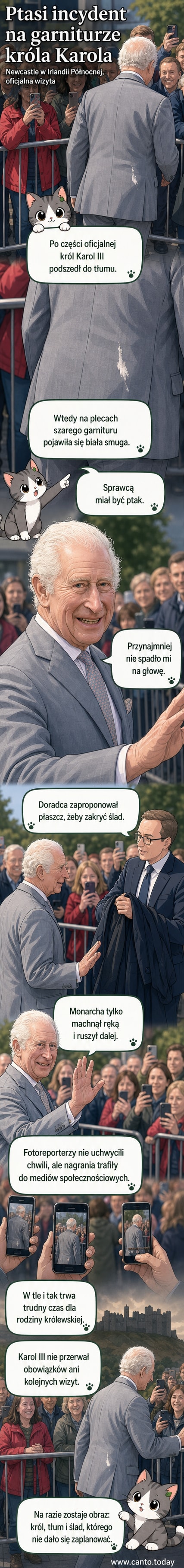 Król Karol III z białą smugą na plecach garnituru, prawdopodobnie od ptaka, podczas wizyty w Irlandii Północnej.