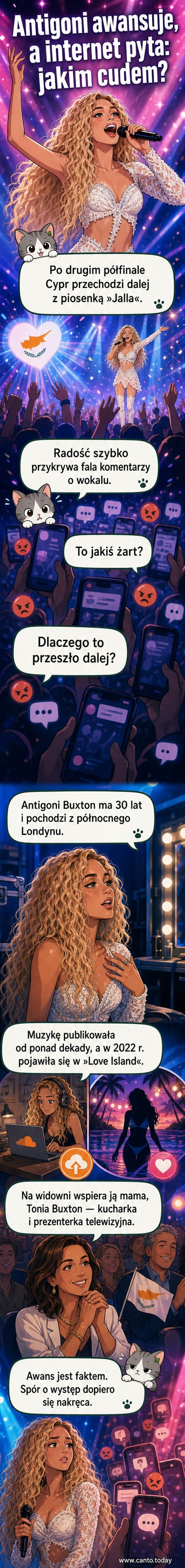 Antigoni Buxton podczas występu na Eurowizji, w tle widoczna scena z oświetleniem i publiczność, matka artystki siedzi w pierwszym rzędzie.