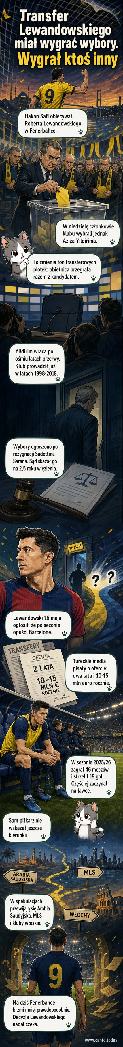 Robert Lewandowski w dresie Barcelony stoi na boisku, w tle logotyp Fenerbahçe i tureckie media z nagłówkami o transferze.