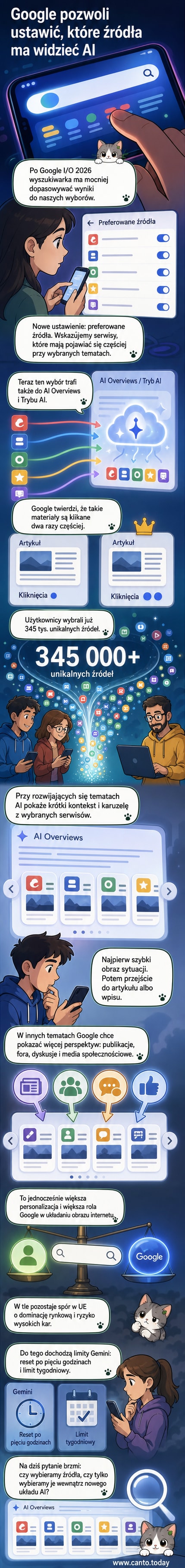 Ilustracja przedstawiająca użytkownika dostosowującego preferowane źródła w aplikacji Google, z karuzelą wyników AI i ikonami for internetowych oraz mediów społecznościowych.