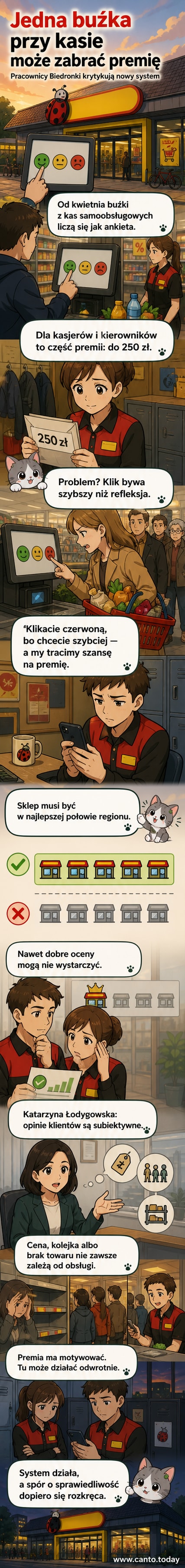 Ilustracja przedstawia kasjerkę w sklepie Biedronka, która z niepokojem patrzy na ekran kasy samoobsługowej z trzema buźkami: zieloną, żółtą i czerwoną. W tle widać klientów, jeden z nich szybko klika czerwoną buźkę, nie patrząc na ekran.