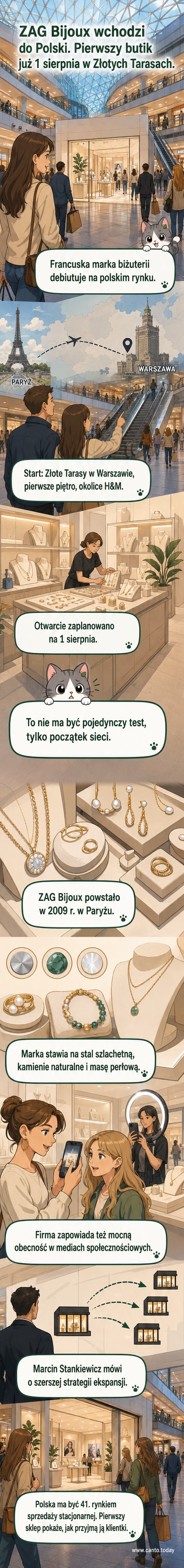 Ilustracja przedstawia nowoczesny butik francuskiej marki ZAG Bijoux w centrum handlowym Złote Tarasy w Warszawie, z widocznym logo i minimalistyczną witryną z biżuterią