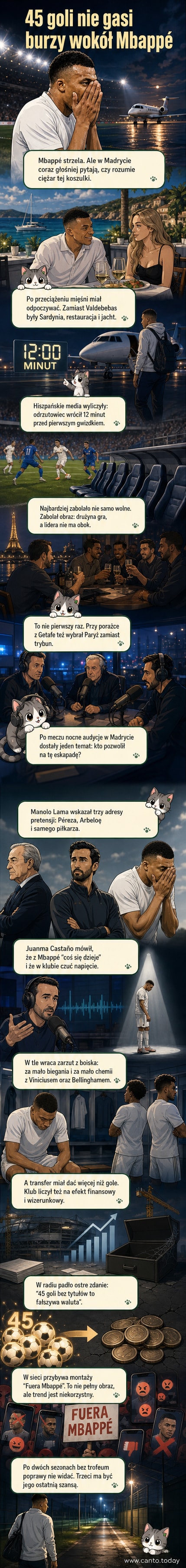Ilustracja przedstawiająca Kyliana Mbappégo na jachcie na Sardynii, podczas gdy kolega z drużyny Vinicius gra na boisku. Tło: stadion Realu Madryt i burzliwe media.