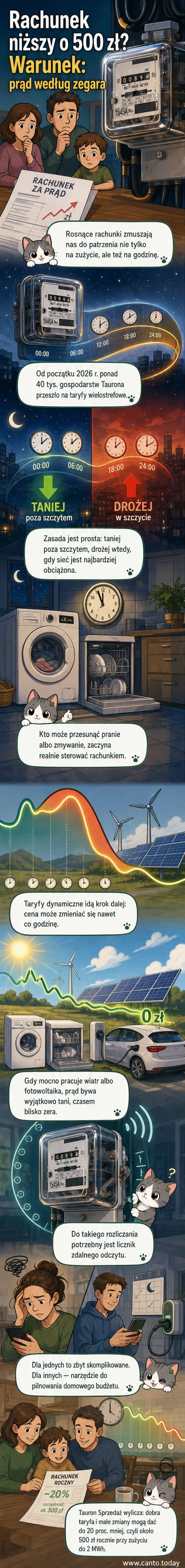 Ilustracja przedstawiająca dom z inteligentnym licznikiem energii, z symbolem taryfy dynamicznej i godzinami niskich cen oznaczonymi na zegarze.