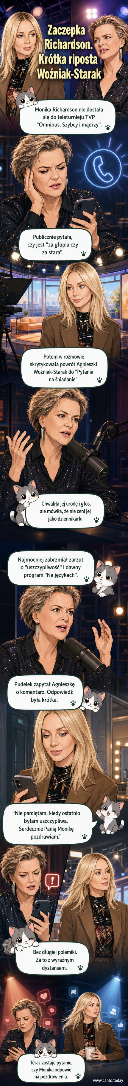 Agnieszka Woźniak-Starak i Monika Richardson, dwie znane twarze polskich mediów, w kontrastowych ujęciach: jedna uśmiechnięta i elegancka, druga z poważnym wyrazem twarzy.