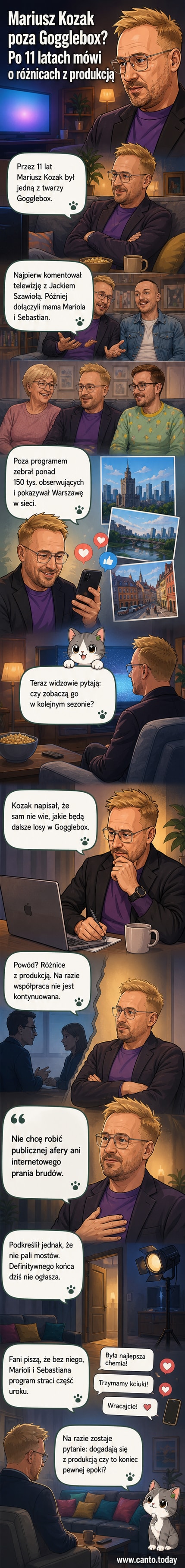 Mariusz Kozak w kadrze z programu Gogglebox, siedzi na kanapie i reaguje na telewizję, tło z charakterystycznym wnętrzem studia.