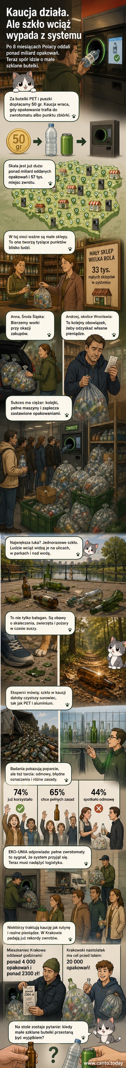 Ilustracja przedstawiająca Polaka wrzucającego plastikową butelkę do zwrotomatu, w tle widać porzucone szklane butelki w parku i lasie, z symbolem zapytania nad przyszłością szklanych opakowań w systemie kaucyjnym.