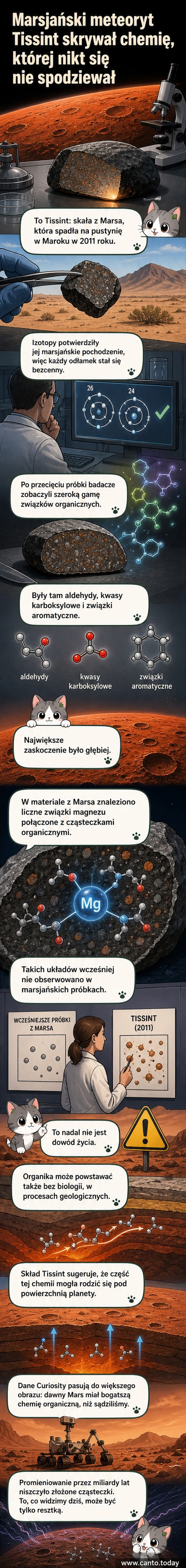 Ilustracja przedstawia przekrój meteorytu Tissint z widocznymi kryształami i organicznymi strukturami wewnątrz, na tle tła Marsa.