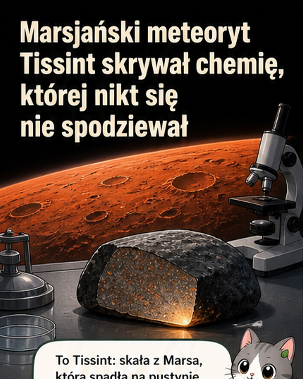 Ilustracja przedstawia przekrój meteorytu Tissint z widocznymi kryształami i organicznymi strukturami wewnątrz, na tle tła Marsa.