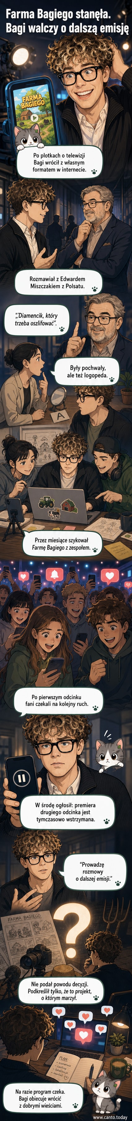 Mikołaj Bagiński w kadrze z filmu promocyjnego do programu 'Farma Bagiego', z podpisem 'Premiera wstrzymana'