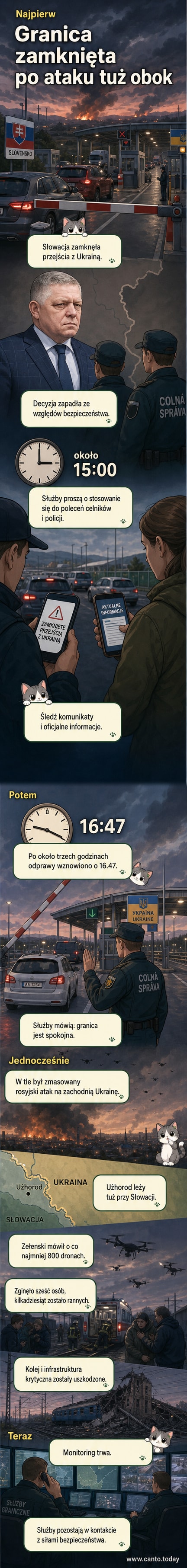 Ilustracja przedstawia zamknięte przejście graniczne między Słowacją a Ukrainą, z policyjnymi barierami i celnikami w tle, na tle sygnalizujących niepokój dronów nad granicą.