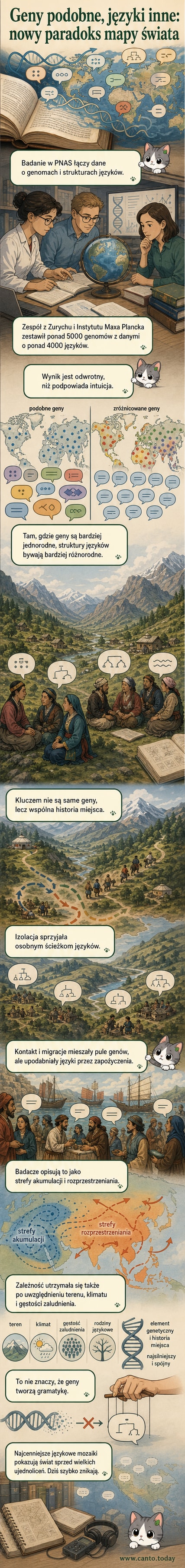 Ilustracja przedstawia mapę świata z zaznaczonymi strefami wysokiej różnorodności językowej w regionach o niskiej zmieszanej genetycznie populacji, kontrastując ją z ujednoliconymi językowo obszarami o wysokiej różnorodności genetycznej.