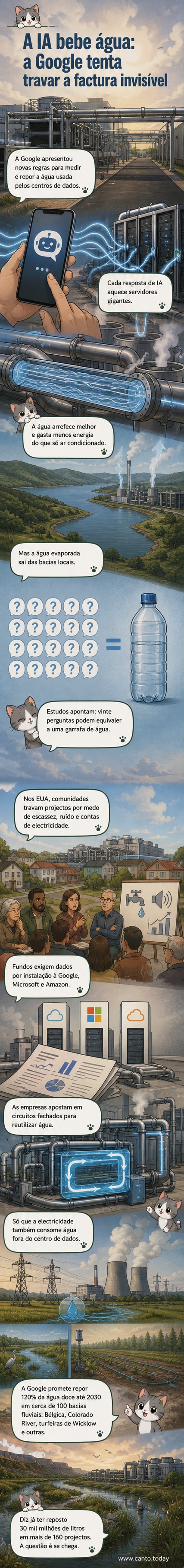 Ilustração de um centro de dados com tubos de água e gotas evaporando, ao lado de uma garrafa sendo drenada, simbolizando o consumo hídrico da IA.