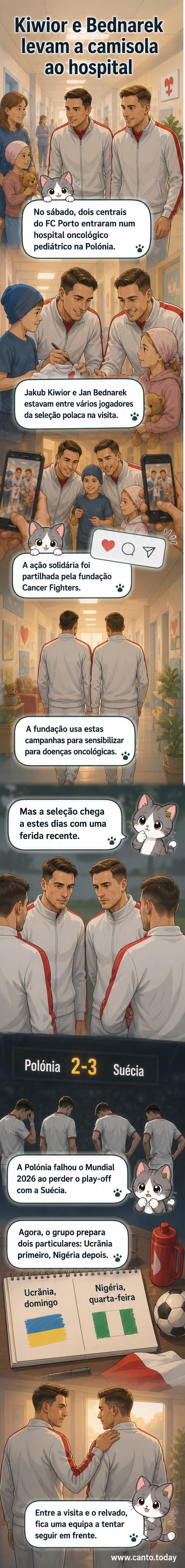 Dois jogadores de futebol, Jakub Kiwior e Jan Bednarek, sorriem enquanto visitam crianças num hospital pediátrico na Polónia, com camisolas da seleção e balões coloridos ao fundo.