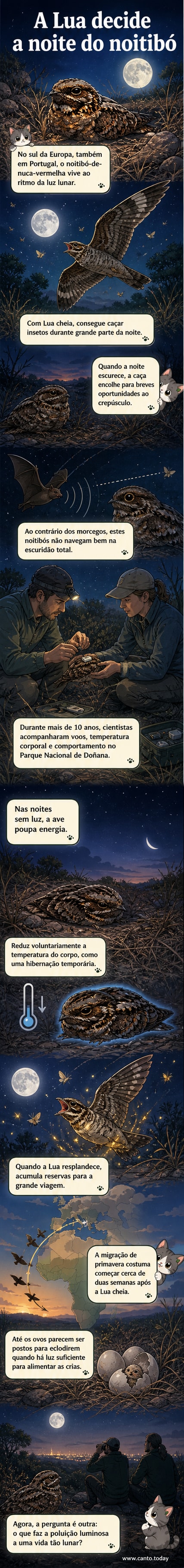 Ilustração de um noitibó-de-nuca-vermelha pousado numa paisagem noturna de Portugal, com a Lua cheia no céu, destacando a ligação entre a ave e o ciclo lunar.