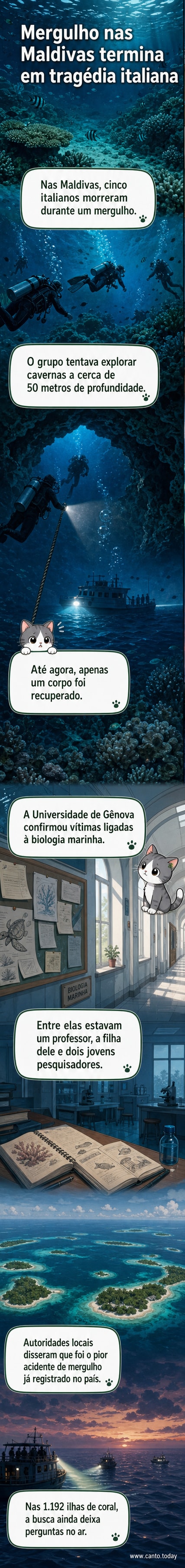 Ilustração de mergulhadores em caverna subaquática nas Maldivas, com luzes tênues e silhuetas distantes, indicando um acidente trágico.