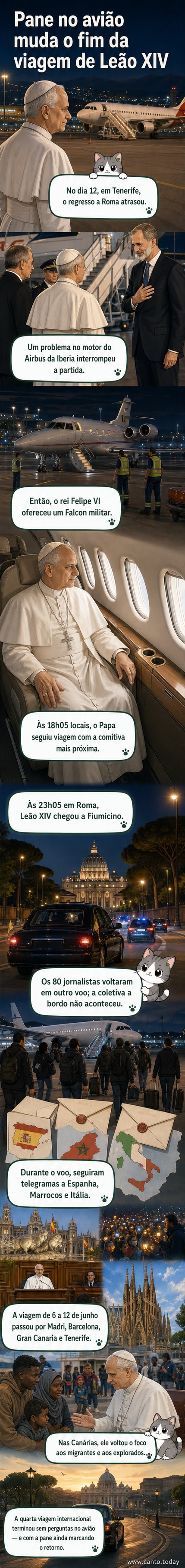 Papa Leão XIV desembarcando em Roma após viagem à Espanha, com céu noturno e luzes do aeroporto ao fundo