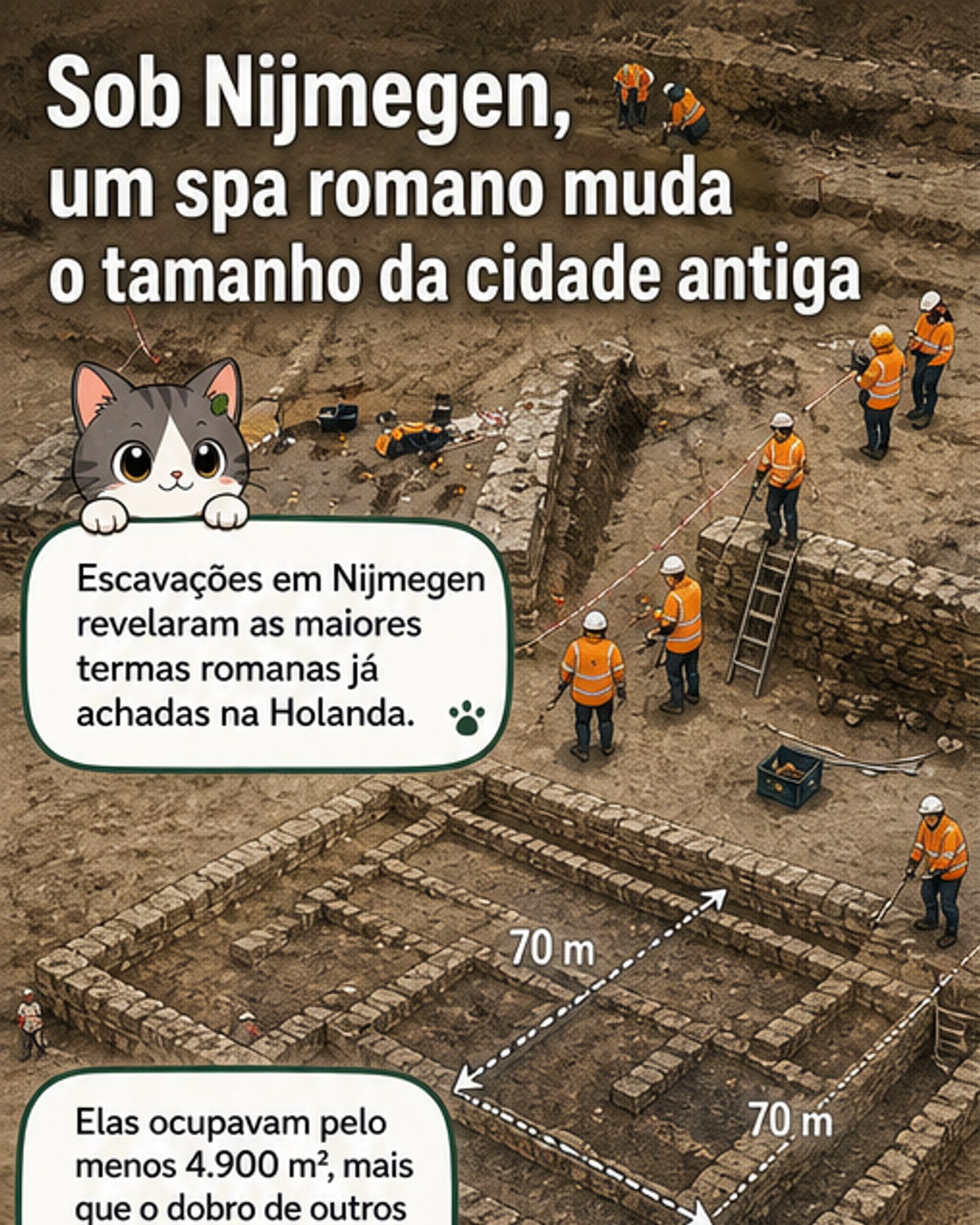 Painel ilustrado mostrando arqueólogos escavando ruínas romanas em Nijmegen, com destaque para um busto de Baco e estruturas de pedra antigas sob um céu nublado.