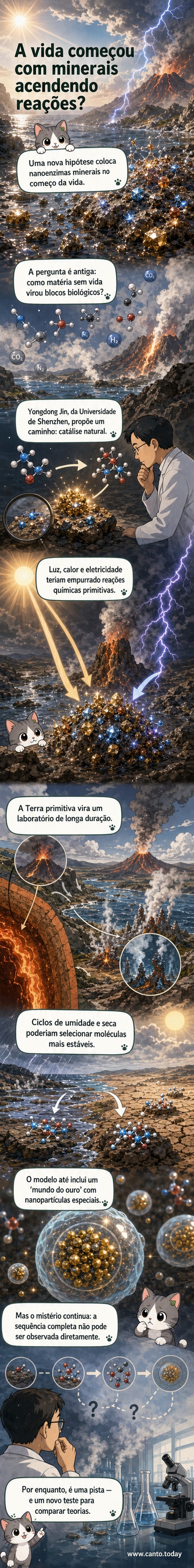 Ilustração de nanopartículas minerais em ambiente hidrotermal primitivo, convertendo gases em moléculas orgânicas com auxílio de luz e calor.