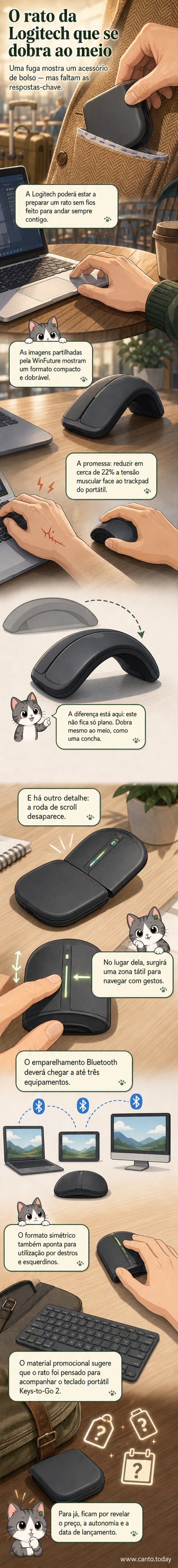 Ilustração de um rato sem fios da Logitech dobrado ao meio, com forma de concha, ao lado de um laptop aberto.