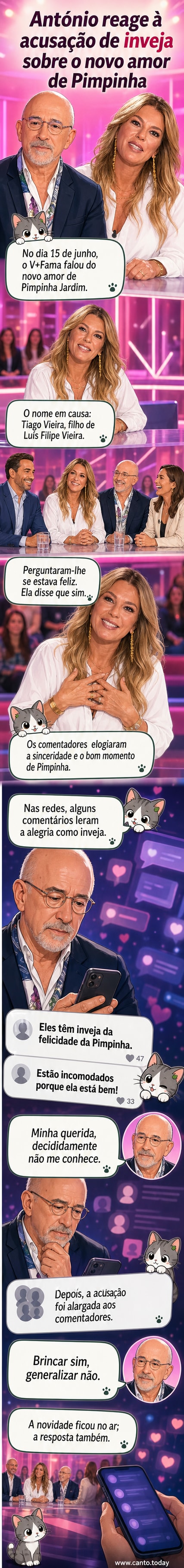 António Leal e Silva no programa V+Fama, reagindo com sorriso após comentários sobre a relação de Pimpinha Jardim.
