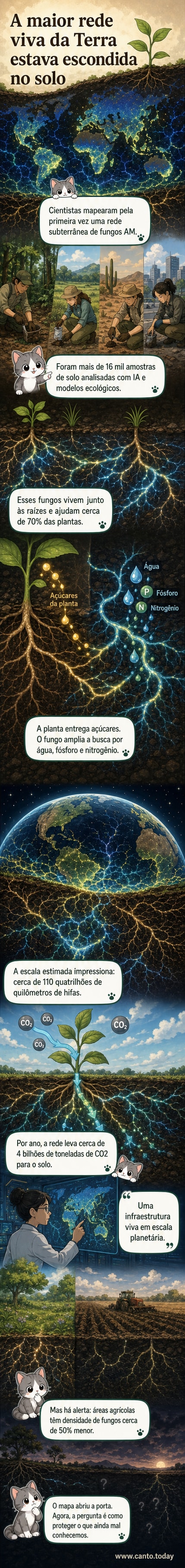 Ilustração de uma vasta rede de filamentos subterrâneos conectando raízes de plantas, simbolizando a teia global de fungos que transporta nutrientes e carbono.