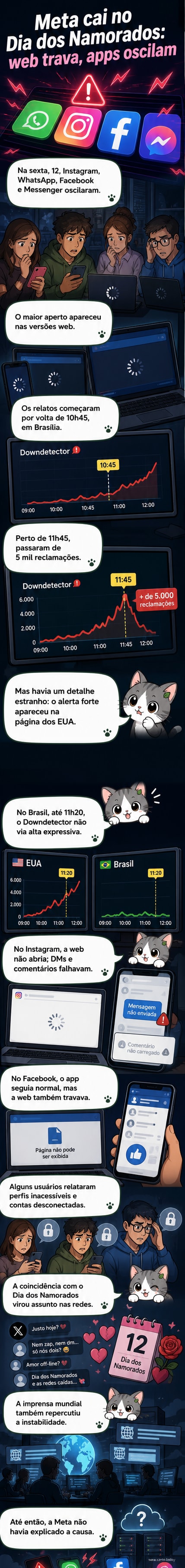 Ilustração de um celular com os ícones do Instagram, WhatsApp e Facebook em tela cinza, indicando instabilidade nos serviços.