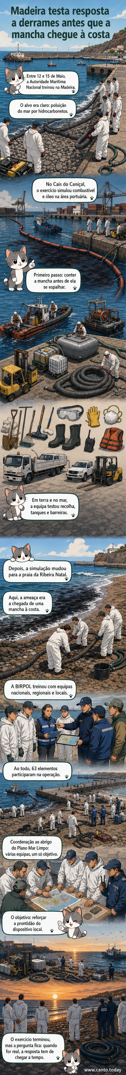 Equipa de emergência a treinar com barreiras de contenção no Cais do Caniçal, durante exercício de combate a derrame de óleo organizado pela Autoridade Marítima Nacional.