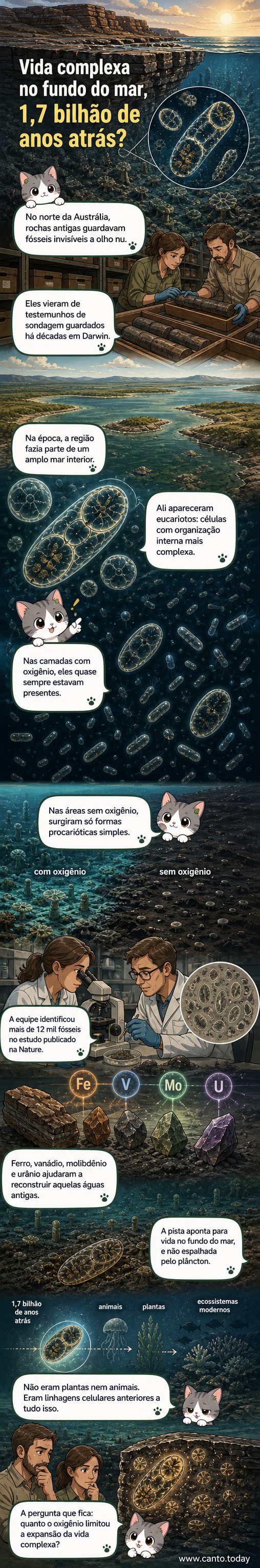 Ilustração microscópica de microfósseis em rocha sedimentar, com fundo marinho antigo em tons de azul e verde, mostrando células com estruturas internas diferenciadas.