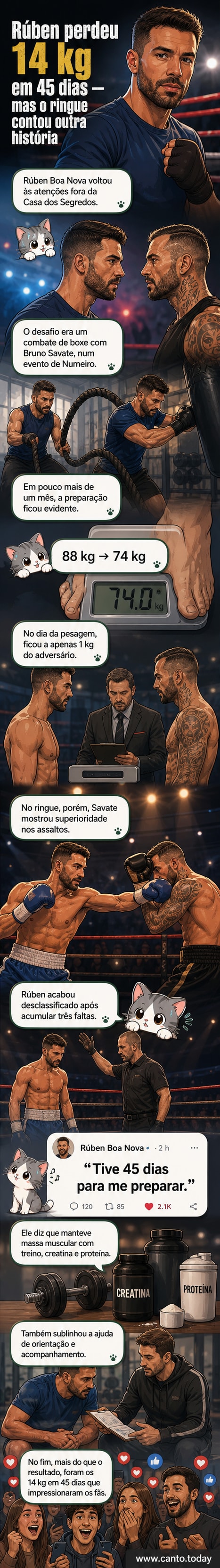 Rúben Boa Nova antes e depois da perda de 14 quilos, ao lado de uma balança mostrando 74 kg, com roupa de treino e luvas de boxe