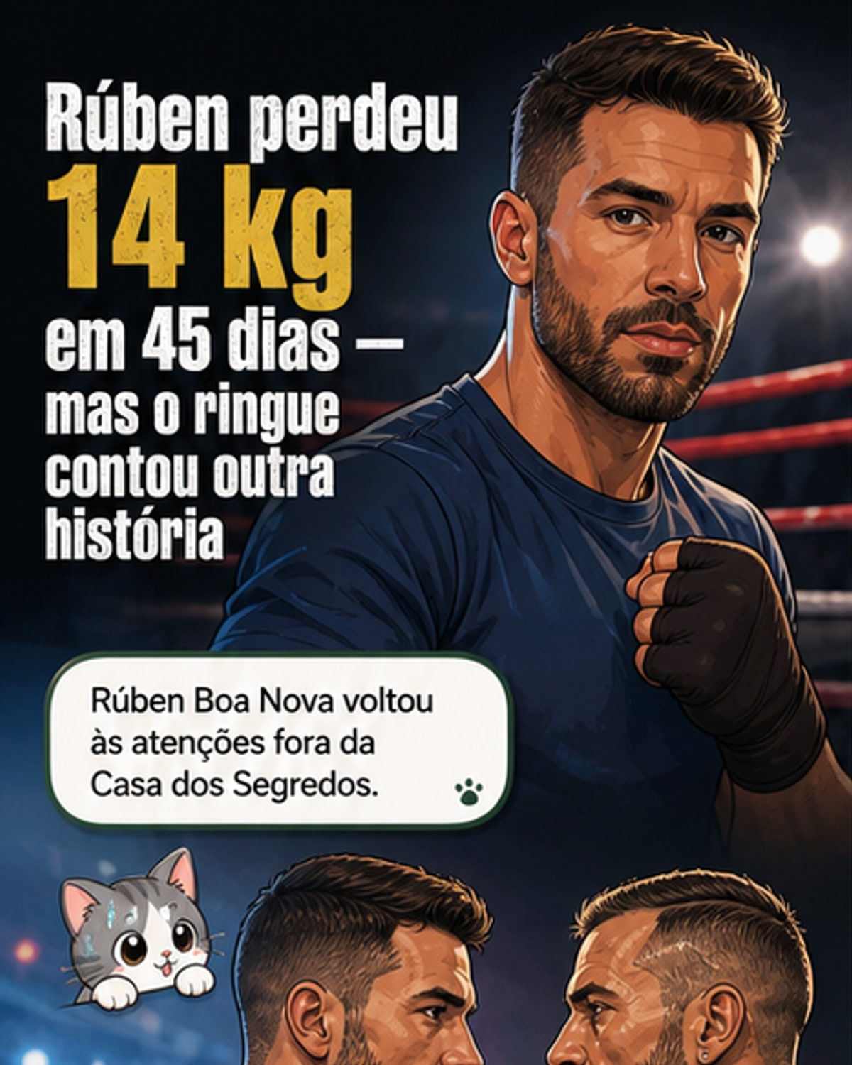 Rúben Boa Nova antes e depois da perda de 14 quilos, ao lado de uma balança mostrando 74 kg, com roupa de treino e luvas de boxe
