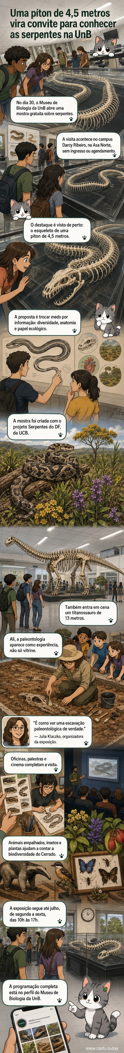 Esqueleto de uma píton de 4,5 metros exposto em uma galeria do Museu de Biologia da UnB, com visitantes ao fundo.