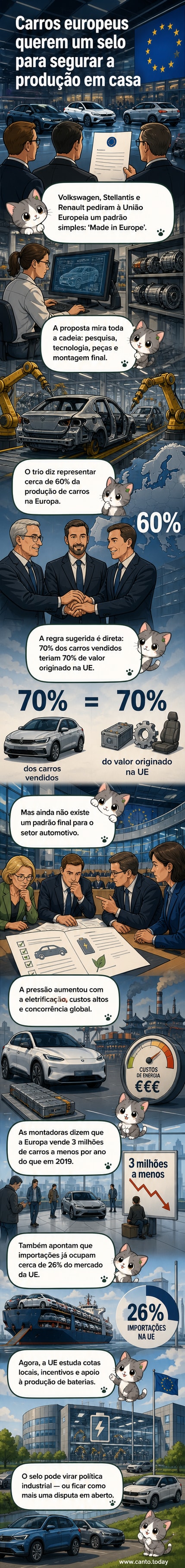 Três carros com bandeiras europeias e os logotipos da Volkswagen, Stellantis e Renault, ao lado de um selo 'Made in Europe' com uma seta indicando 70% de conteúdo local.