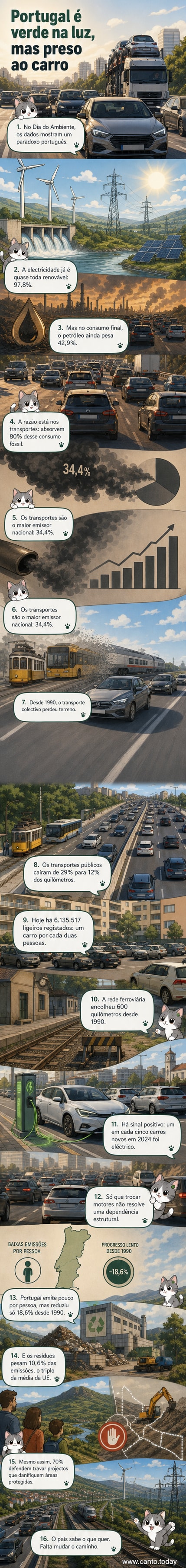 Ilustração de um país com painéis solares e eólicas ao fundo, enquanto uma longa fila de carros sai de uma cidade, simbolizando o contraste entre energia limpa e mobilidade poluente.