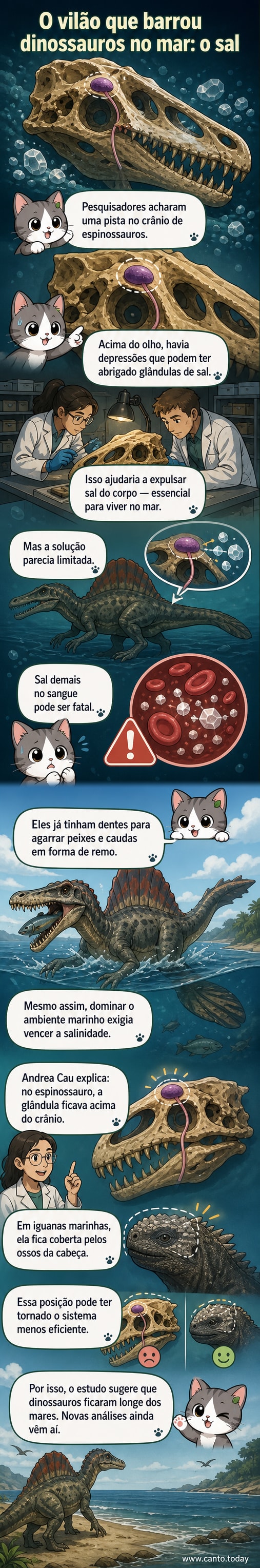 Ilustração colorida mostra a cabeça de um espinossauro com glândulas salinas acima dos olhos, destacando a estrutura que ajudava — mas não o suficiente — a lidar com água salgada.