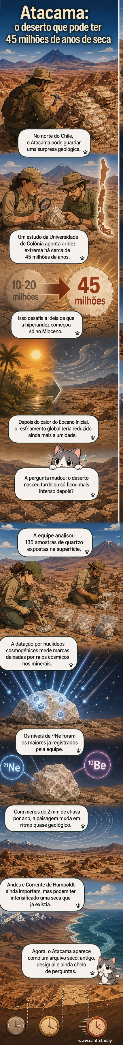 Ilustração de um deserto árido com montanhas ao fundo, representando o Atacama, com linhas do tempo indicando 45 milhões de anos de aridez.