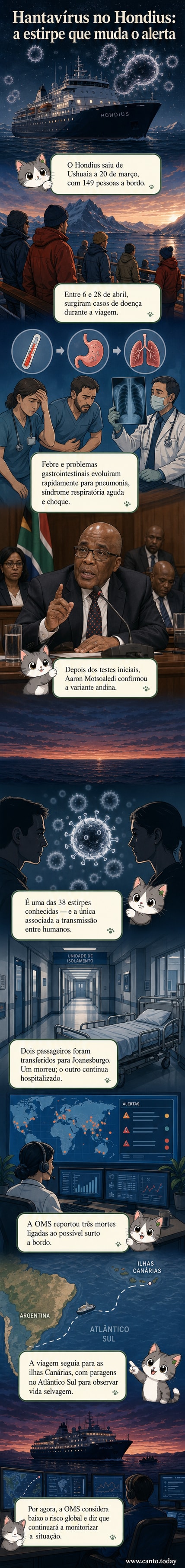 Ilustração de um navio de cruzeiro no oceano com destaque para um passageiro com síndrome respiratória, simbolizando o surto de hantavírus transmissível entre humanos.
