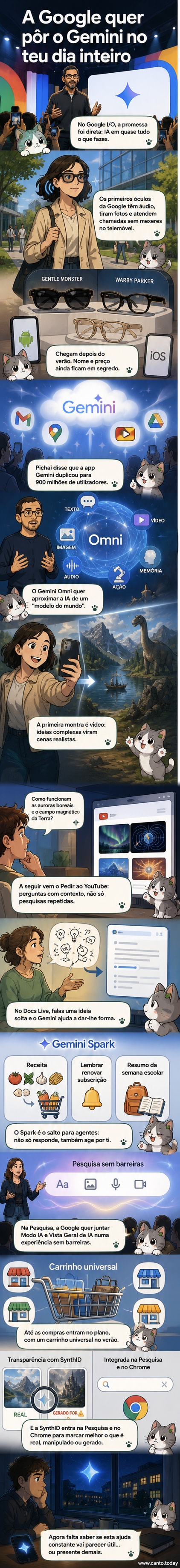 Ilustração de óculos inteligentes com áudio, sobrepostos por ícones de IA, vídeo e interação por voz, simbolizando a integração invisível da inteligência artificial no quotidiano.