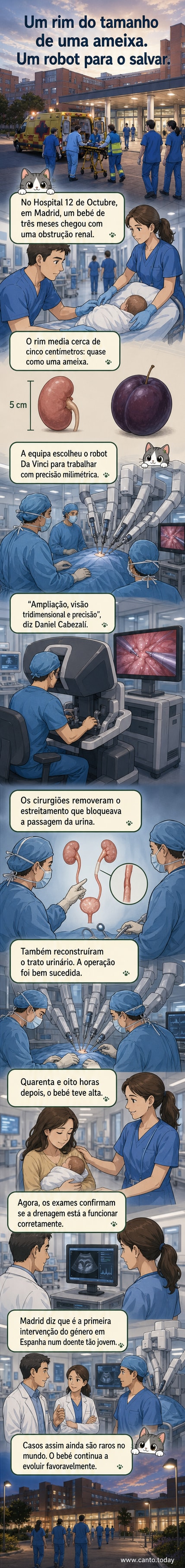 Ilustração de um robô cirúrgico Da Vinci realizando uma operação delicada num bebé, com médicos ao lado em um centro cirúrgico moderno.