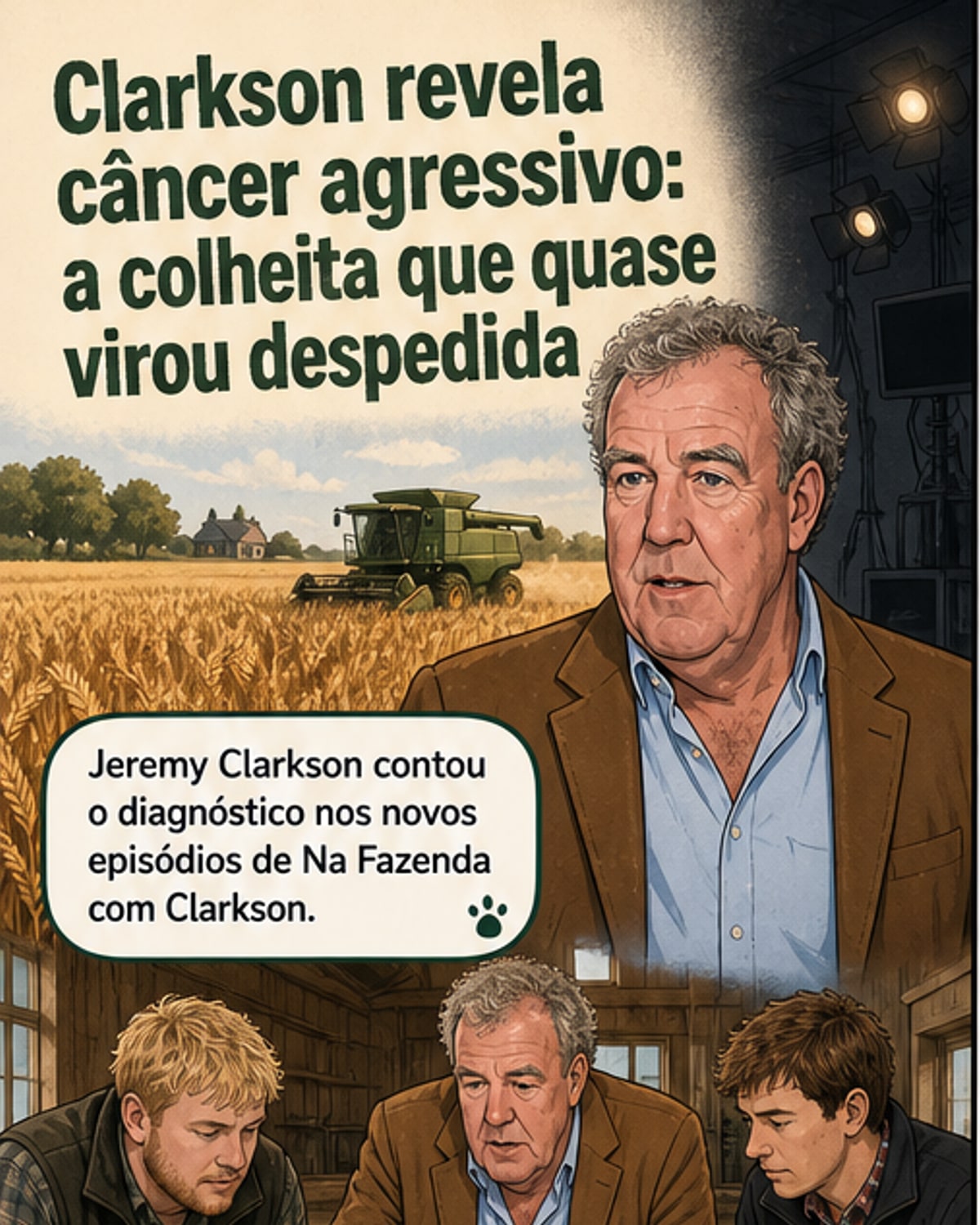 Jeremy Clarkson em cena da série 'Na Fazenda com Clarkson', falando sobre seu diagnóstico de câncer com colegas na fazenda.