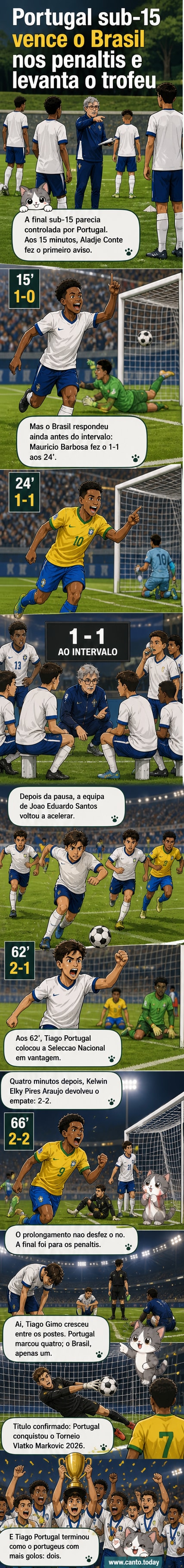 Ilustração de dois jogadores de futebol em campo, um português comemorando com a camisola levantada e um brasileiro sentado no relvado, após uma final sub-15 decidida nos penáltis.
