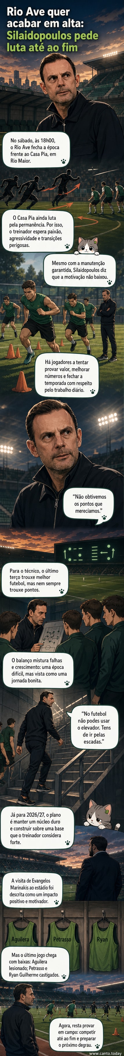 Treinador grego Sotiris Silaidopoulos em campo, com expressão séria, durante treino do Rio Ave