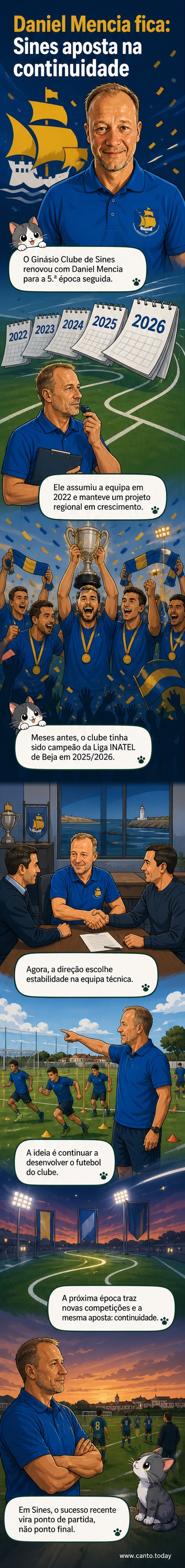 Treinador Daniel Mencia ao lado do escudo do Ginásio Clube de Sines, comemorando renovação por mais uma época.