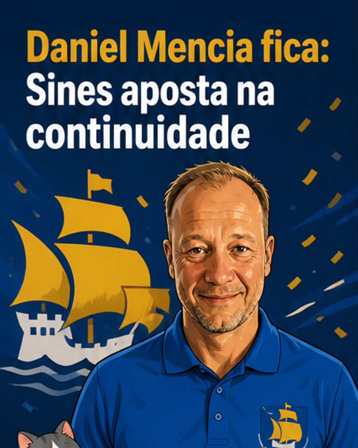 Treinador Daniel Mencia ao lado do escudo do Ginásio Clube de Sines, comemorando renovação por mais uma época.